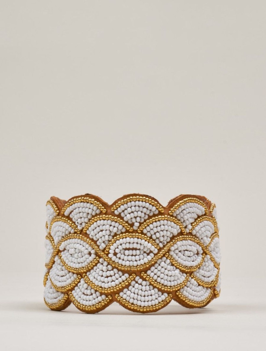 Accessoires laidback london | Bracelet Manchette En Perles De Cuir Wave Dore Blanc