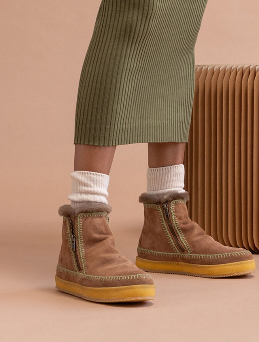 Chaussures laidback london | Bottines Setsu Crochet Zip Lateral Daim Camel Kaki