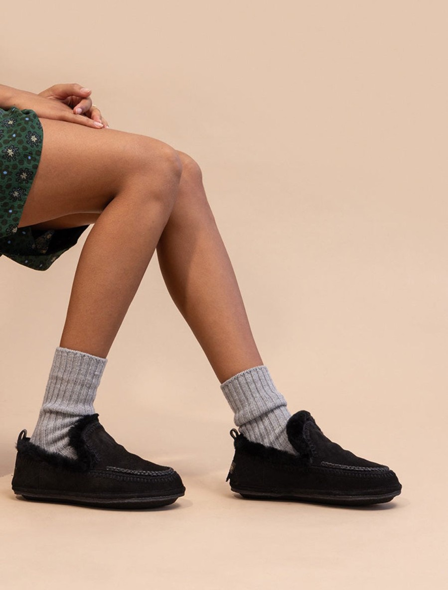 Chaussures laidback london | Pantoufle Jude En Peau De Mouton Au Crochet Daim Noir Noir