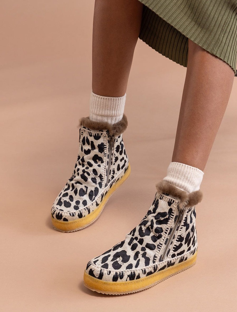 Chaussures laidback london | Bottines Au Crochet Setsu Noir Blanc Leopard