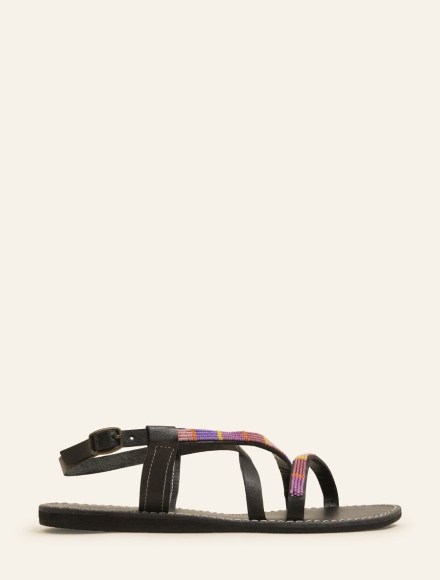 Des Sandales laidback london | Sandale Plate En Cuir Noir Azari Purple Mix