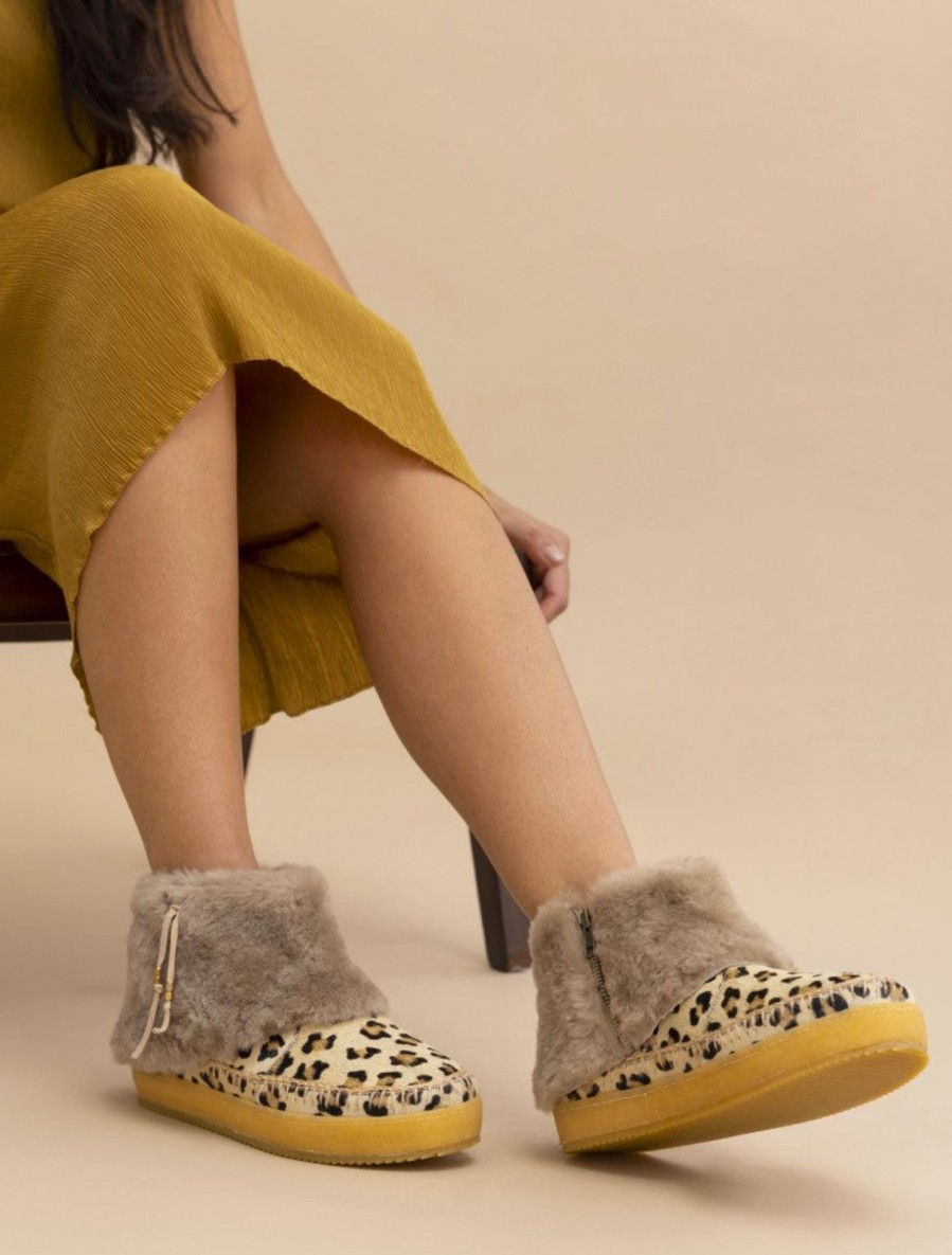 Chaussures laidback london | Bottines Zippees En Peau De Mouton Au Crochet Leblon Leopard