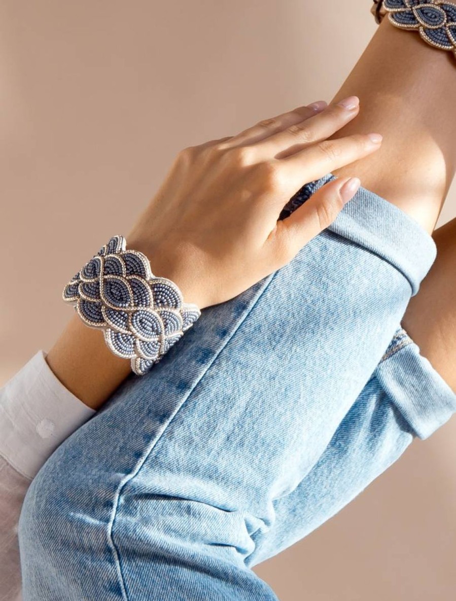 Accessoires laidback london | Bracelet Manchette En Perles De Cuir Beige Wave Gris Argente