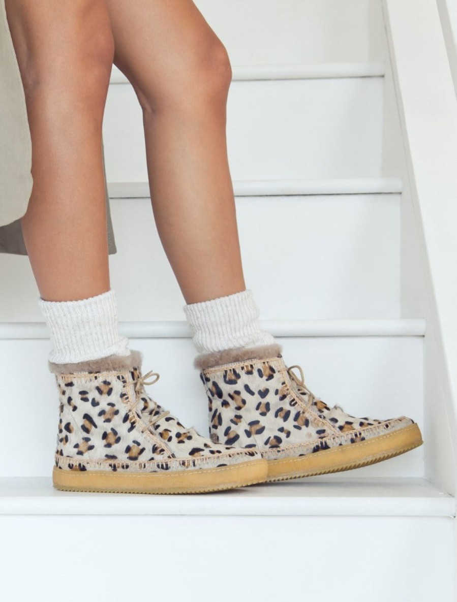 Chaussures laidback london | Argo Bottine A Lacets Au Crochet Leopard Beige