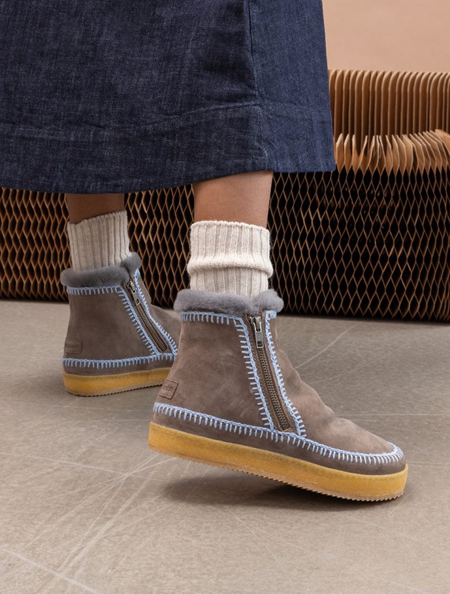 Chaussures laidback london | Bottines Au Crochet Setsu Gris Clair Daim Bleu