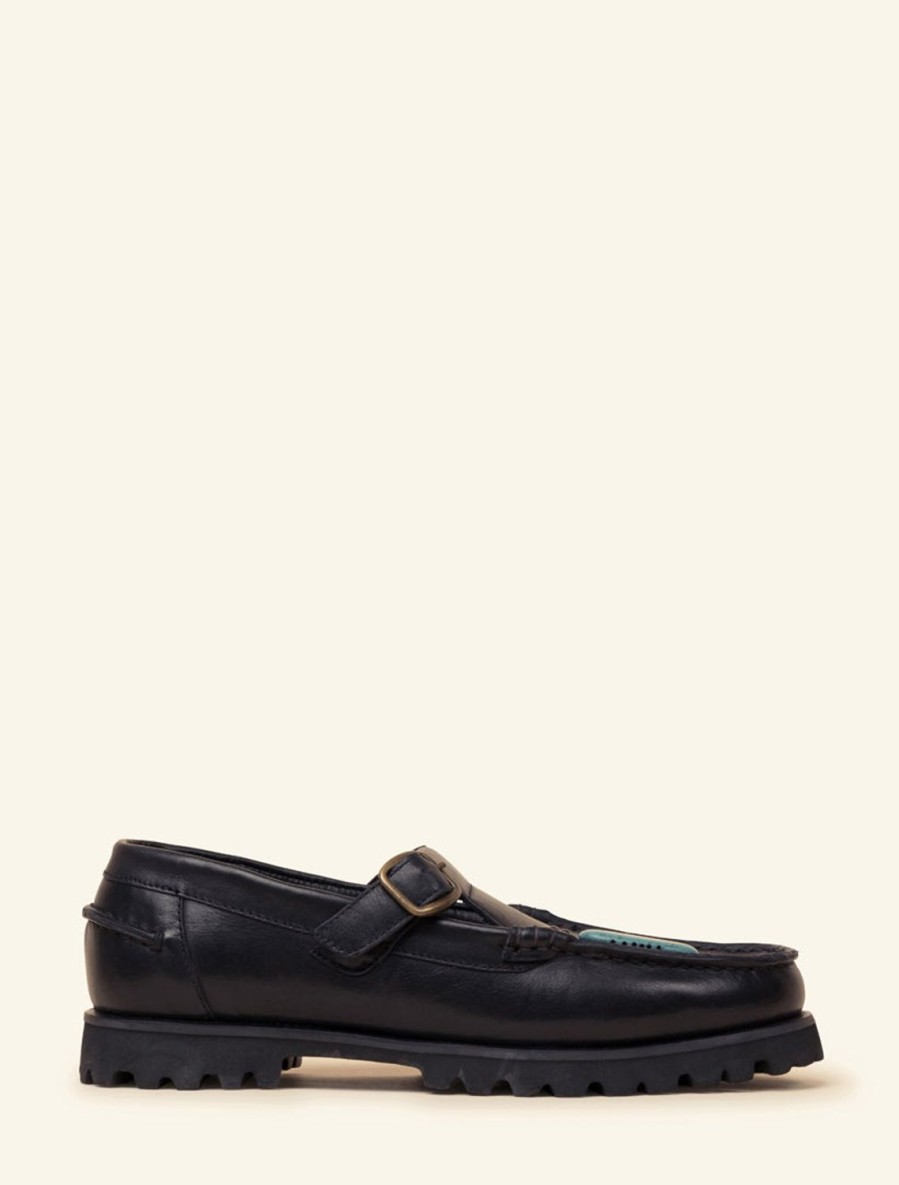 Chaussures laidback london | Askari Chunky Mary Janes Cuir Noir Turquoise