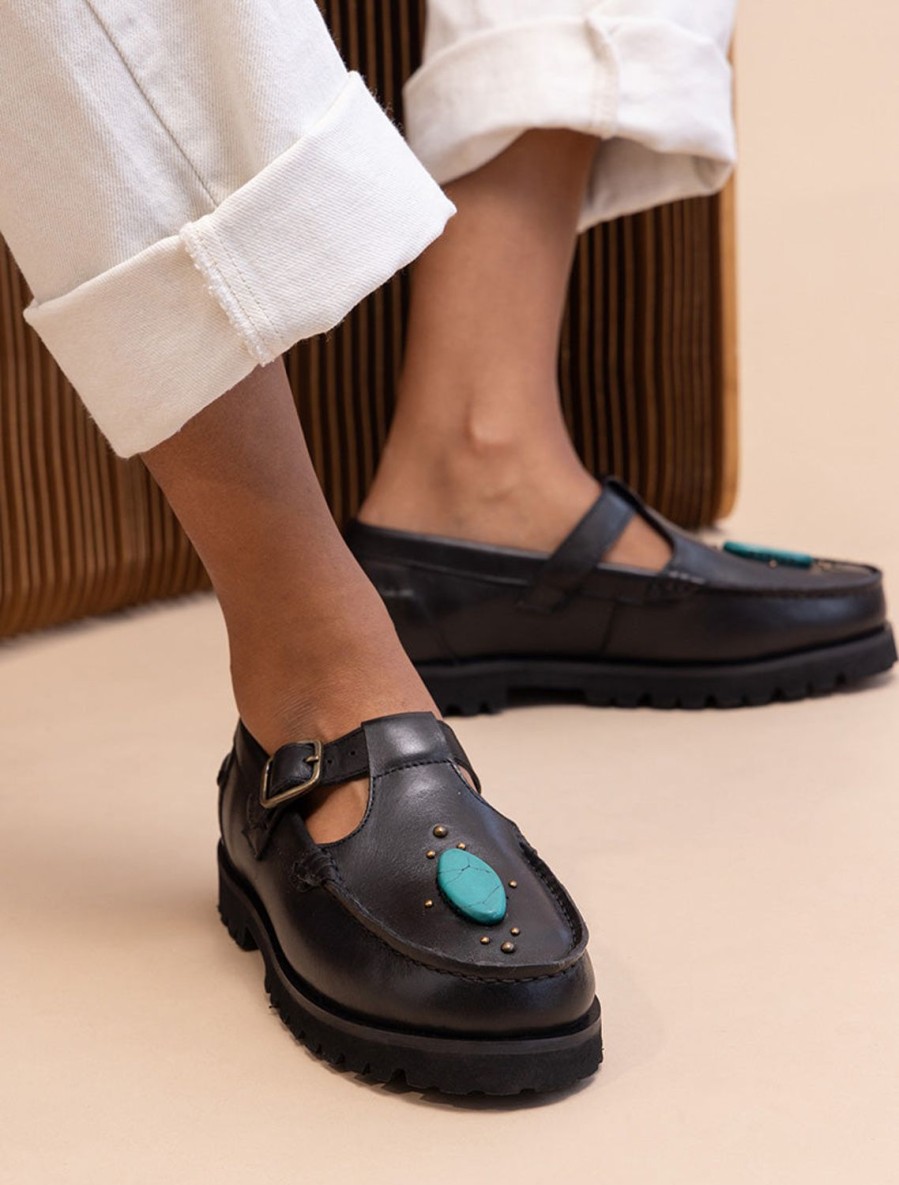 Chaussures laidback london | Askari Chunky Mary Janes Cuir Noir Turquoise